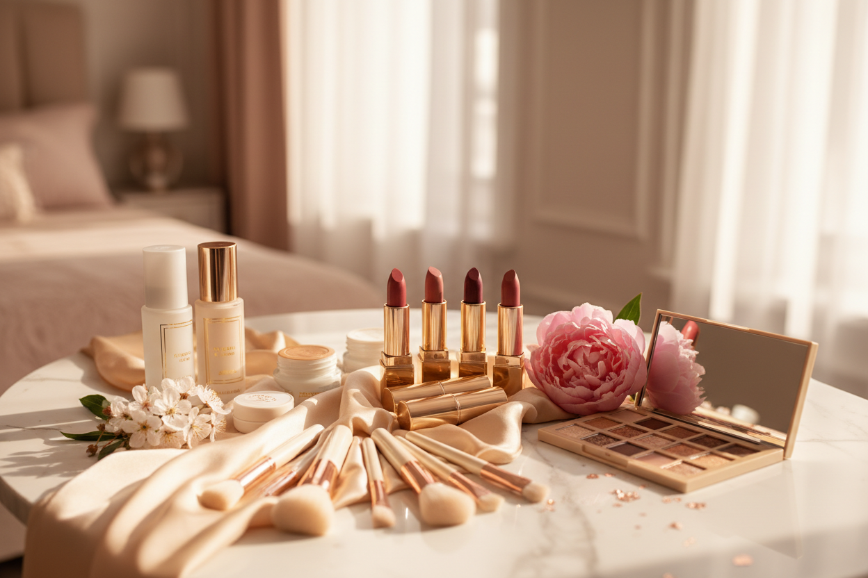 Glamorous makeup and beauty products display
